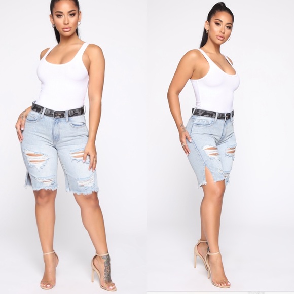 🆕High-Rise Distressed Bermuda Jean Shorts - Picture 3 of 3